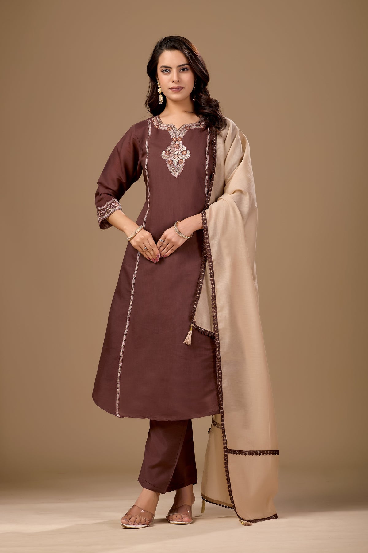 Brown Embroidered Cotton A-Line Kurta Set for Women with Beige Dupatta