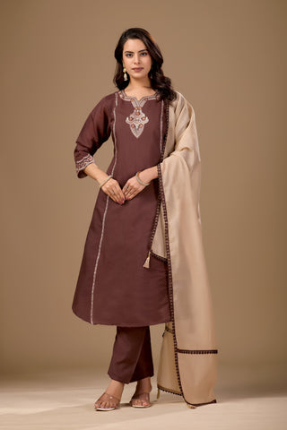Brown Embroidered Cotton A-Line Kurta Set for Women with Beige Dupatta