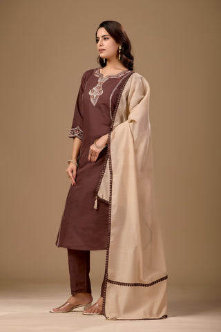 Brown Embroidered Cotton A-Line Kurta Set for Women with Beige Dupatta