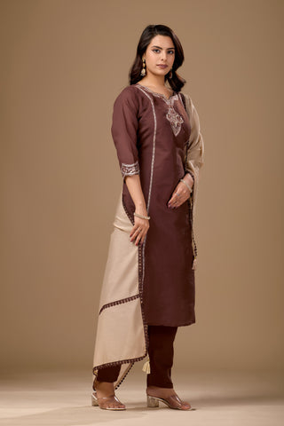 Brown Embroidered Cotton A-Line Kurta Set for Women with Beige Dupatta
