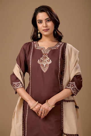 Brown Embroidered Cotton A-Line Kurta Set for Women with Beige Dupatta