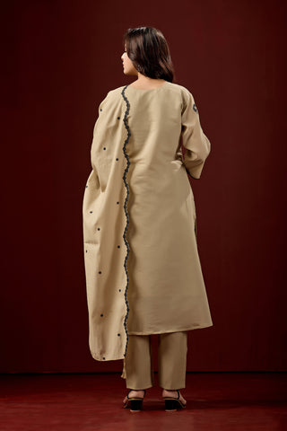 Beige Embroidered Cotton A-Line Kurta Set for Women with Matching Dupatta