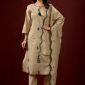 Beige Embroidered Cotton A-Line Kurta Set for Women with Matching Dupatta