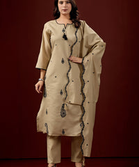 Beige Embroidered Cotton A-Line Kurta Set for Women with Matching Dupatta