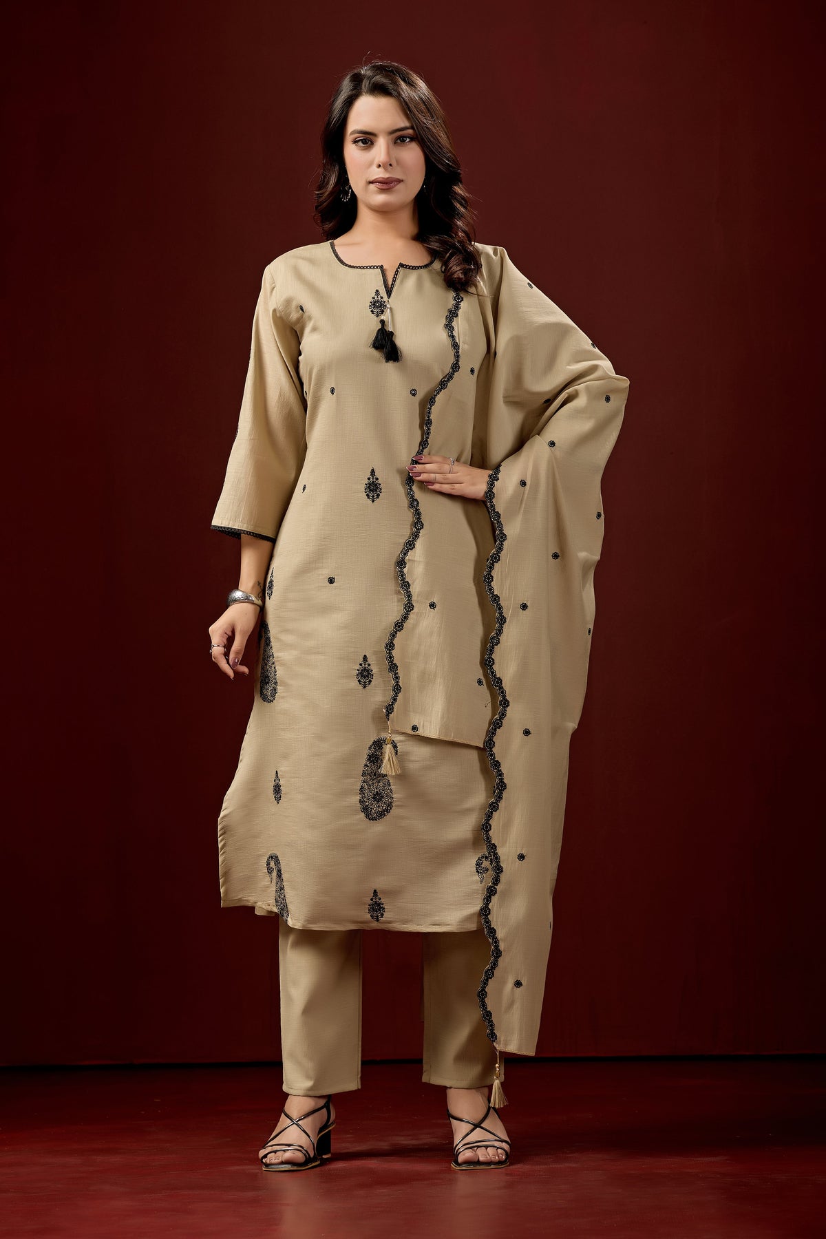 Beige Embroidered Cotton A-Line Kurta Set for Women with Matching Dupatta
