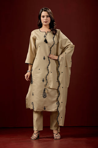Beige Embroidered Cotton A-Line Kurta Set for Women with Matching Dupatta