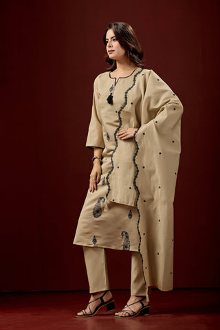Beige Embroidered Cotton A-Line Kurta Set for Women with Matching Dupatta