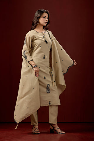 Beige Embroidered Cotton A-Line Kurta Set for Women with Matching Dupatta