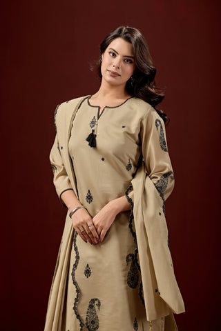 Beige Embroidered Cotton A-Line Kurta Set for Women with Matching Dupatta
