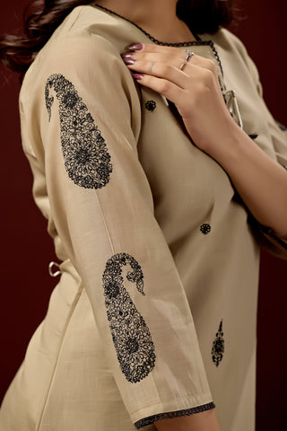 Beige Embroidered Cotton A-Line Kurta Set for Women with Matching Dupatta