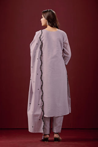 Lilac Embroidered Cotton A-Line Kurta Suit Set with Dupatta