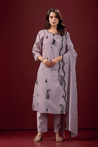 Lilac Embroidered Cotton A-Line Kurta Suit Set with Dupatta
