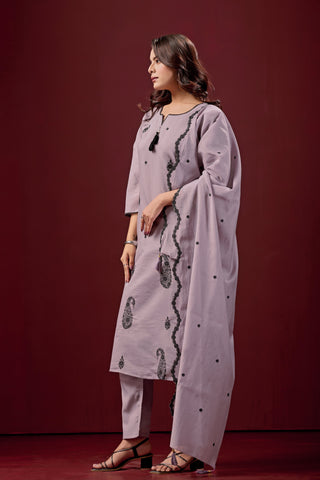 Lilac Embroidered Cotton A-Line Kurta Suit Set with Dupatta