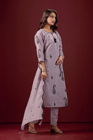Lilac Embroidered Cotton A-Line Kurta Suit Set with Dupatta