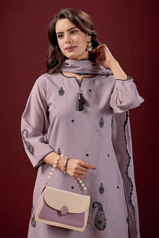 Lilac Embroidered Cotton A-Line Kurta Suit Set with Dupatta