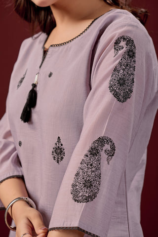 Lilac Embroidered Cotton A-Line Kurta Suit Set with Dupatta
