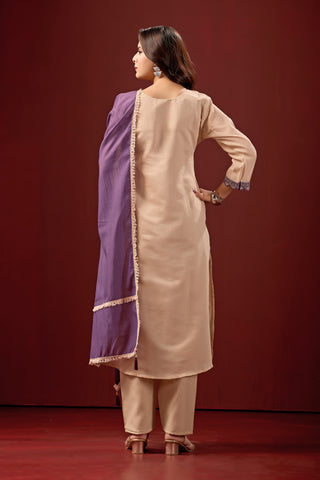 Cream Embroidered Cotton A-Line Suit Set with Purple Dupatta
