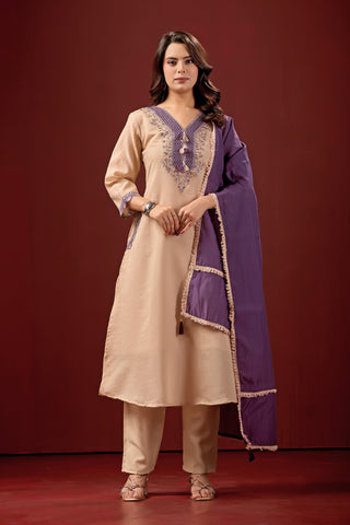 Cream Embroidered Cotton A-Line Suit Set with Purple Dupatta