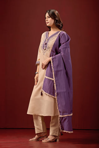 Cream Embroidered Cotton A-Line Suit Set with Purple Dupatta