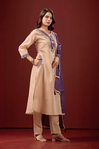 Cream Embroidered Cotton A-Line Suit Set with Purple Dupatta