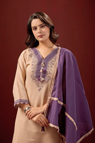 Cream Embroidered Cotton A-Line Suit Set with Purple Dupatta