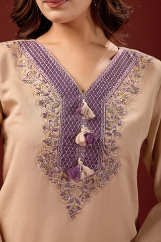 Cream Embroidered Cotton A-Line Suit Set with Purple Dupatta