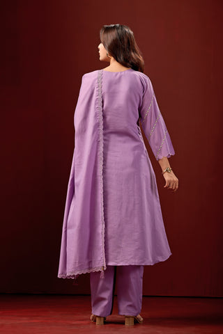 Violet Embroidered Cotton A-Line Kurta Suit Set with Dupatta