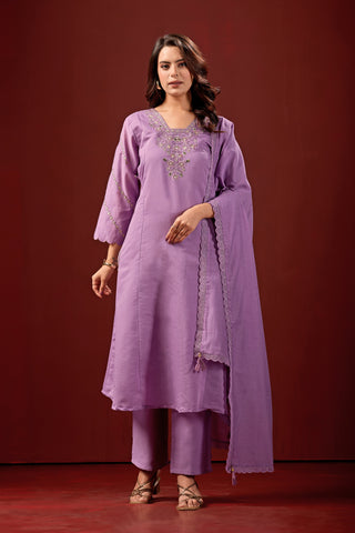 Violet Embroidered Cotton A-Line Kurta Suit Set with Dupatta