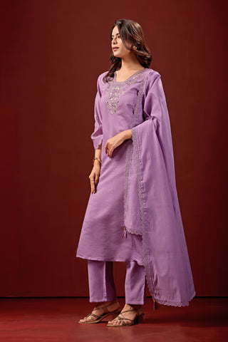 Violet Embroidered Cotton A-Line Kurta Suit Set with Dupatta