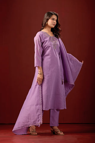 Violet Embroidered Cotton A-Line Kurta Suit Set with Dupatta