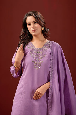 Violet Embroidered Cotton A-Line Kurta Suit Set with Dupatta