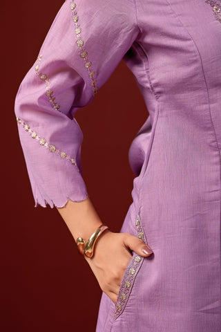 Violet Embroidered Cotton A-Line Kurta Suit Set with Dupatta