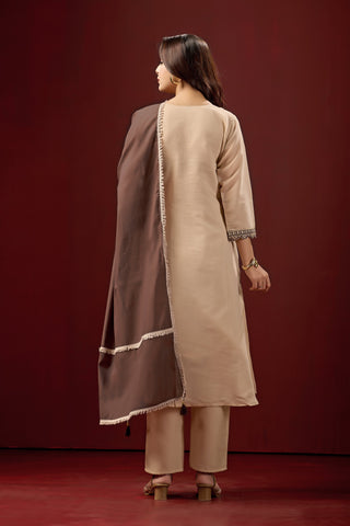 Cream Embroidered Cotton A-Line Suit Set with Brown Dupatta
