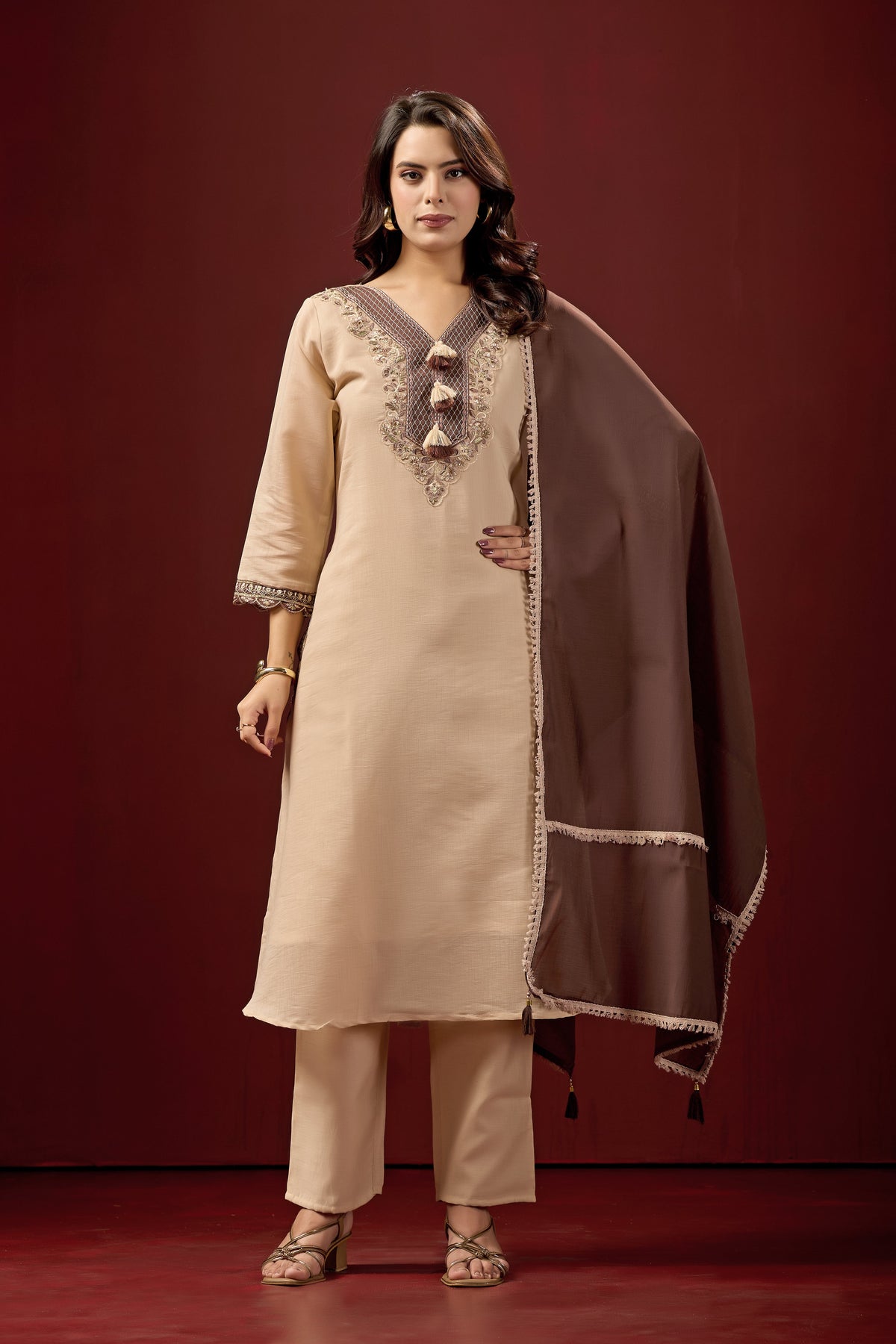 Cream Embroidered Cotton A-Line Suit Set with Brown Dupatta