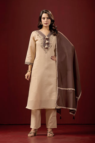 Cream Embroidered Cotton A-Line Suit Set with Brown Dupatta