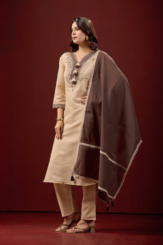 Cream Embroidered Cotton A-Line Suit Set with Brown Dupatta