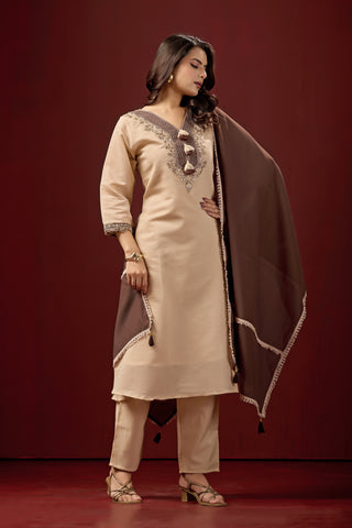 Cream Embroidered Cotton A-Line Suit Set with Brown Dupatta