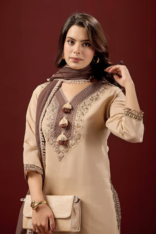 Cream Embroidered Cotton A-Line Suit Set with Brown Dupatta