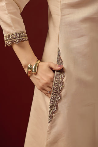 Cream Embroidered Cotton A-Line Suit Set with Brown Dupatta