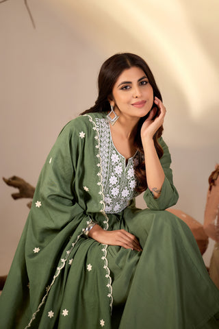 Olive Green Flared Anarkali Suit with White Embroidered Yoke
