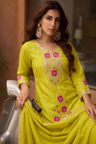 Mehendi Green Embroidered Straight Suit with Scalloped Dupatta