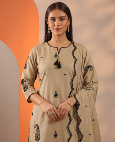 Cream Embroidered Cotton A-Line Suit Set for Women with Dupatta