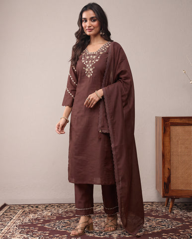 Brown Embroidered Cotton A-Line Kurta Set with Dupatta