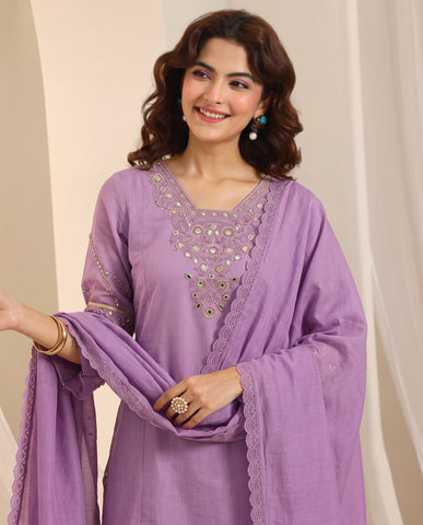 Purple Embroidered Cotton A-Line Kurta Set for Women with Dupatta