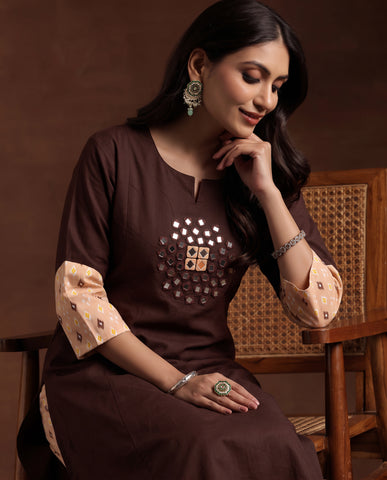 Coffee Brown Mirror Work Kurta with Ikat Print Sleeves & Pant