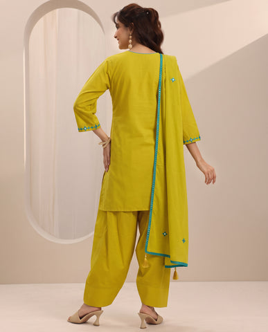 Lemon Green Embroidery Worked Short Kurta Suit Set With Dupatta