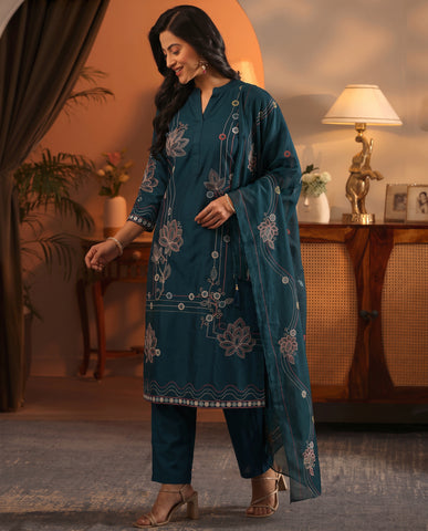 Navy Blue Embroidered Cotton A-Line Kurta Set for Women with Dupatta