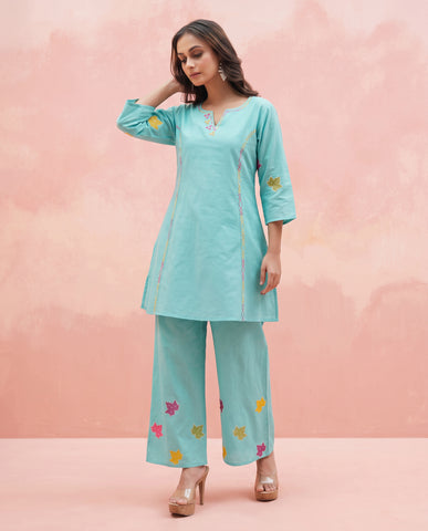 Sea Green Leaf Embroidered Cotton Kurta Palazzo Set for Women