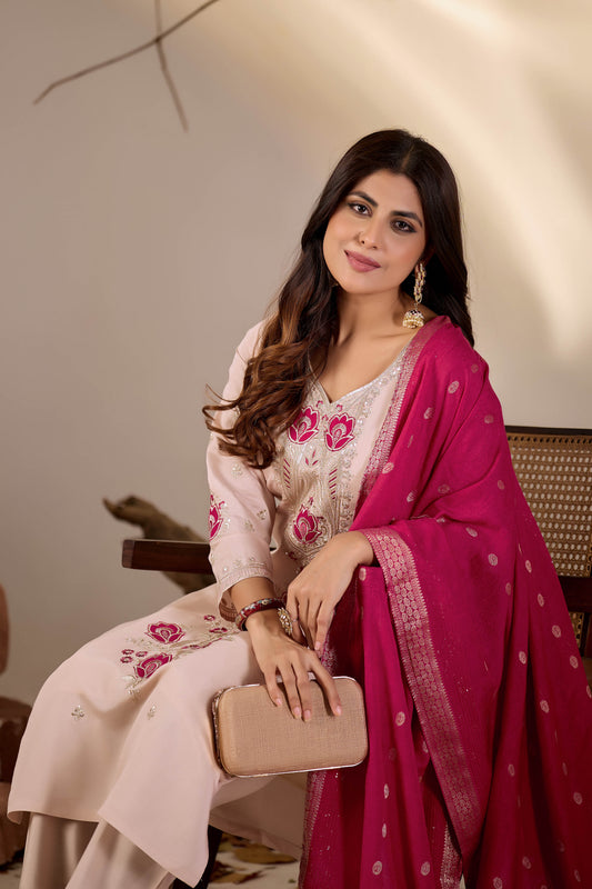 Blush Peach Embroidered Kurta Set with Rani Pink Woven Dupatta
