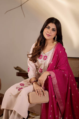 Blush Peach Embroidered Kurta Set with Rani Pink Woven Dupatta